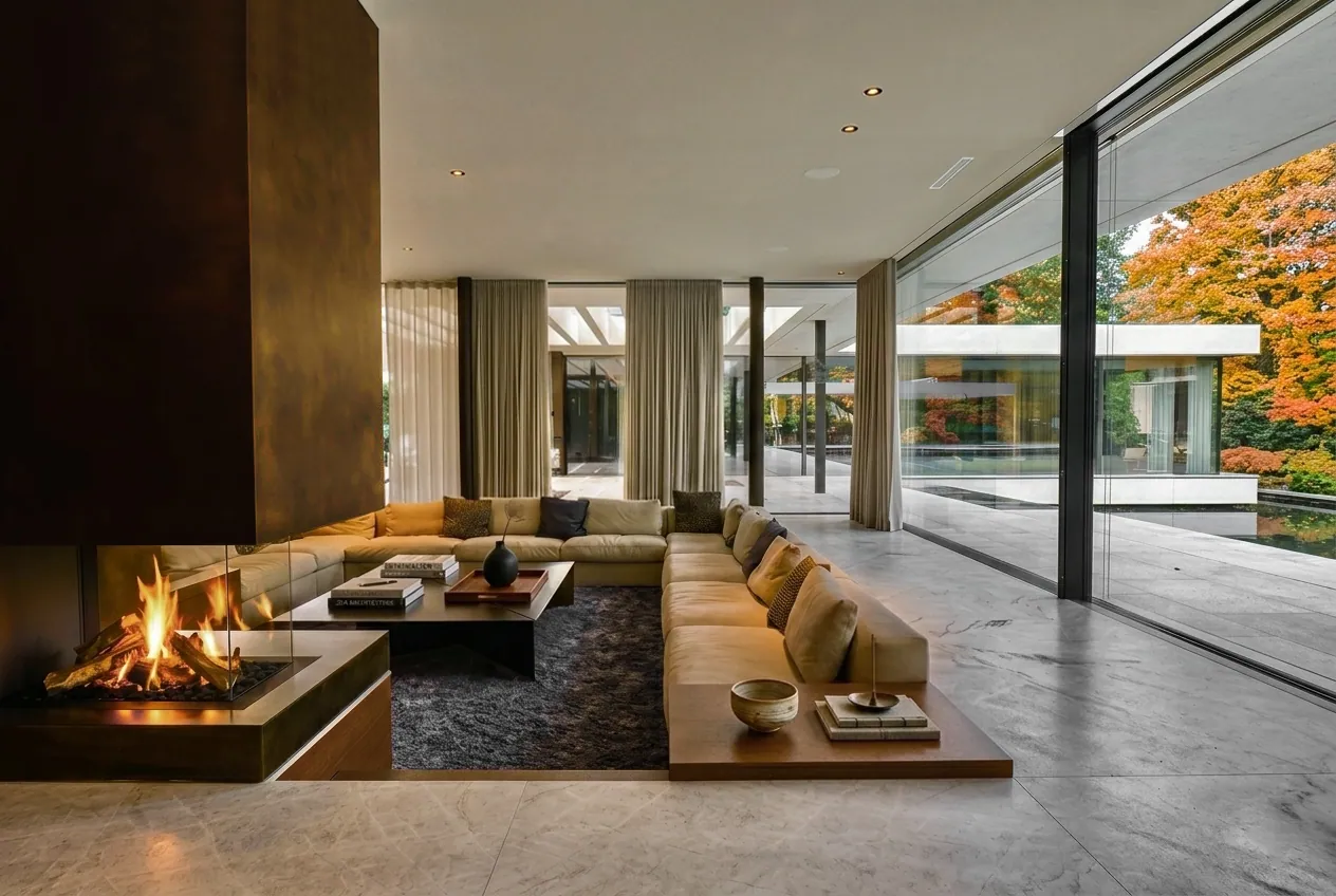Living room with a burnished brass clad fireplace
